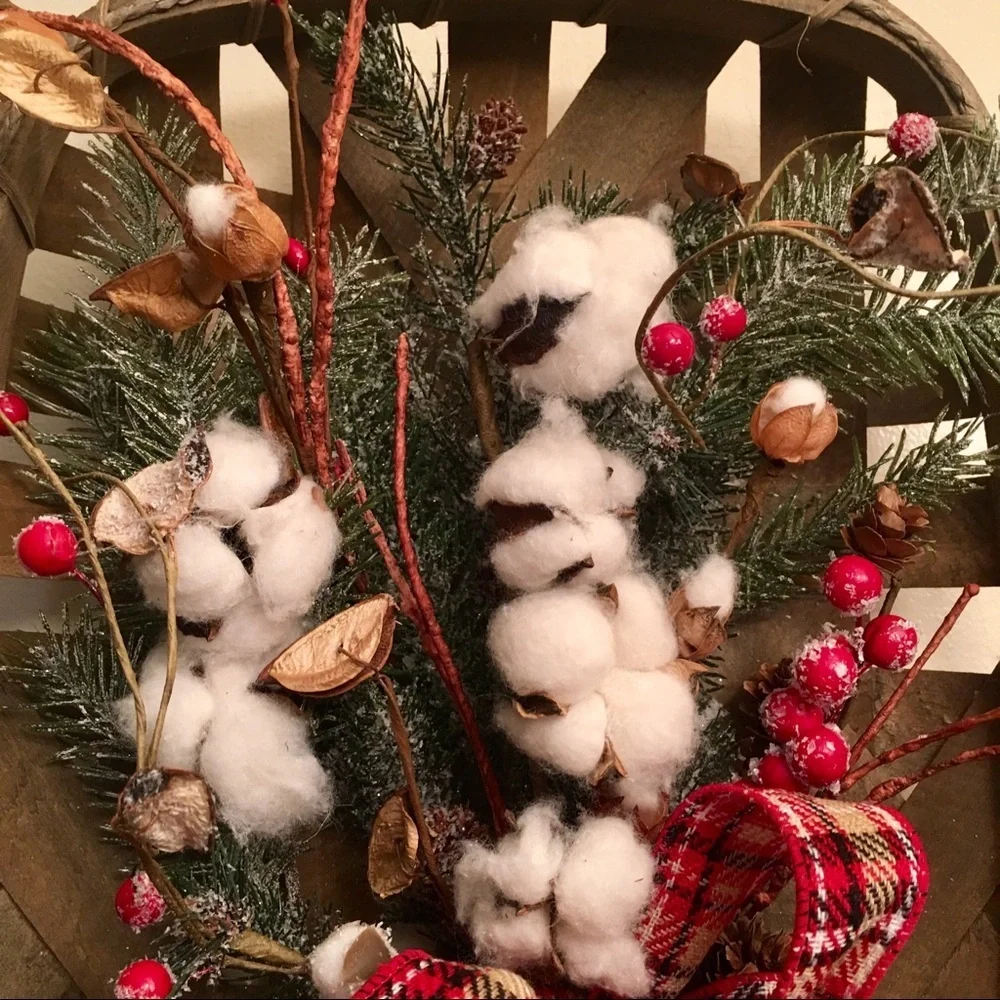 New Farmhouse Christmas Floral Plaid Rustic Winter Cotton Tobacco Basket